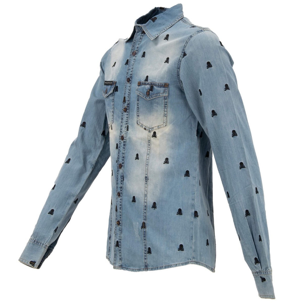 Philipp Plein Marlon Denim Jeans Teschio Ricamo Camicia Blu 13517