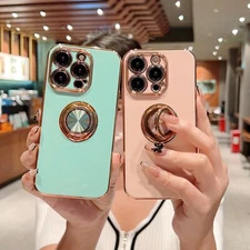 For iPhone 16 Pro Max 14 15 Shockproof Metal Ring Stand Plating TPU Case Cover