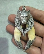 Chinese Teeth Inlaid Tibetan Silver Wolf Head Pendant Amulet Collection