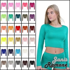 Womens Long Sleeve Crop Top Plain Crew Neck Casual Basic Summer Vest T-Shirt Top