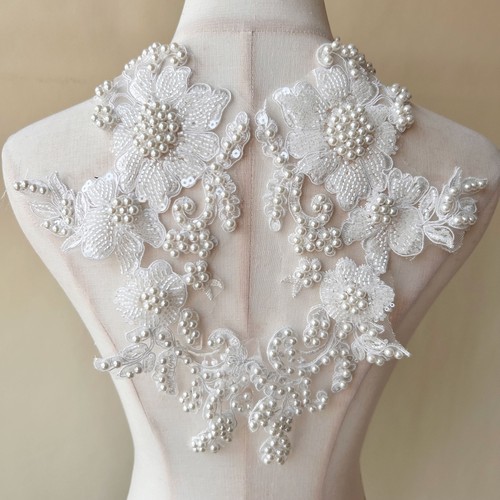 Dentelle dorée, appliques en dentelle brodée, 4 pièces de patch de fleur en dentelle pour réparation de robe de mariée, accessoires de bricolage 36 x 14 cm (couleur : wit) (couleur