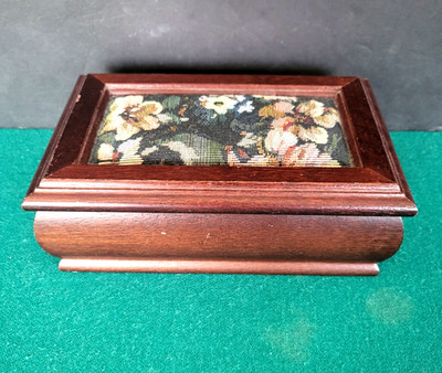 Vintage Walnut Hinged 2-Tier, Mirror, Jewelry Box, Floral Tapestry Insert Cover