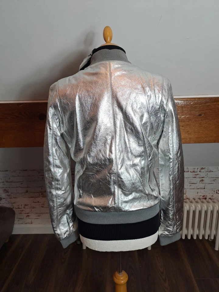 BLK DNM NYC BRAND NEW SILVER LEATHER BOMBER JACKET SIZE MEDIUM ORIGINALLY £500 - Image 4 of 4
