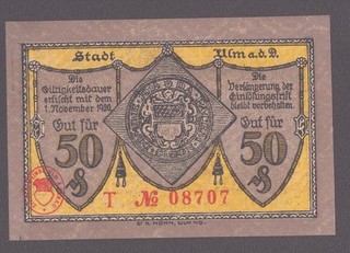 Ulm a.d.D. Stadt; 50 Pfg. vom 22.10.1918; Buchstabe „T" nicht entwertet