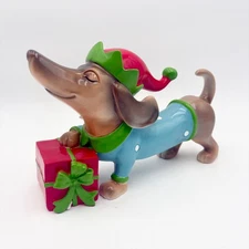 Christmas Dachshund Elf Figurine Doxie Dog with Gift Holiday Decor Accent