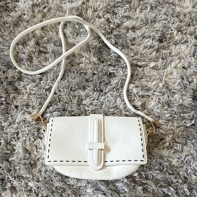 Moda Luxe White Semi-Circle Shoulder Bag Contrast Stitching Gold Hardware Clasp