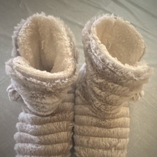 Women's Faux Fur Bootie Slippers, Lined, Pom Pom Accents, Beige, Slip On