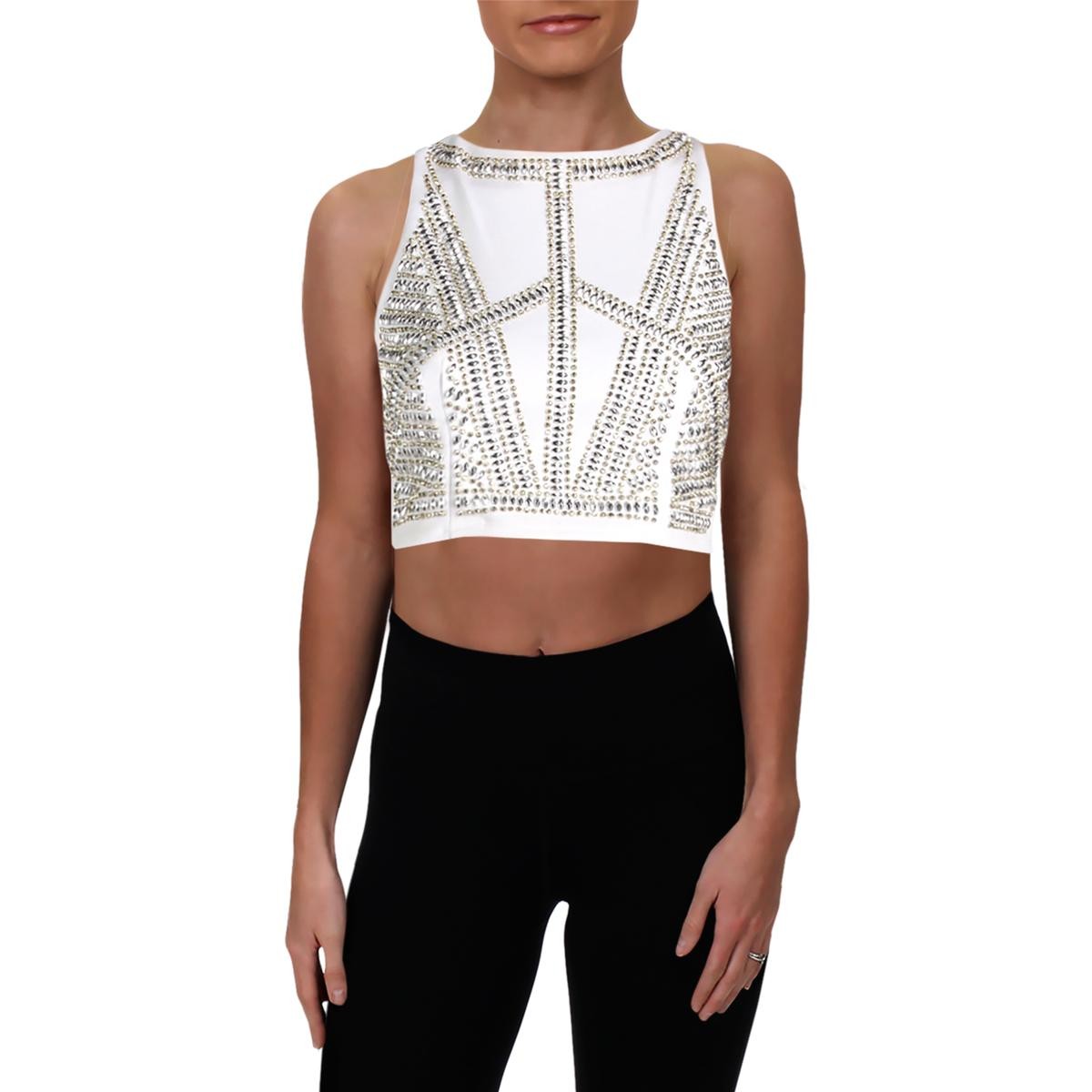 Women's White Embellished Crop Top Blouse by Jump Apparel Juniors 7/8 Sleeve 7480