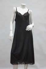 Vintage Black Lace Trim Nylon Slip Dress Negligee Nightie Lingerie Boho Goth