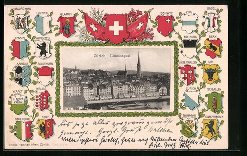 Präge-AK Zürich, Limmatquai, Wappen von Basel, Wallis und Tessin, Passepartout - Bild 1 von 2