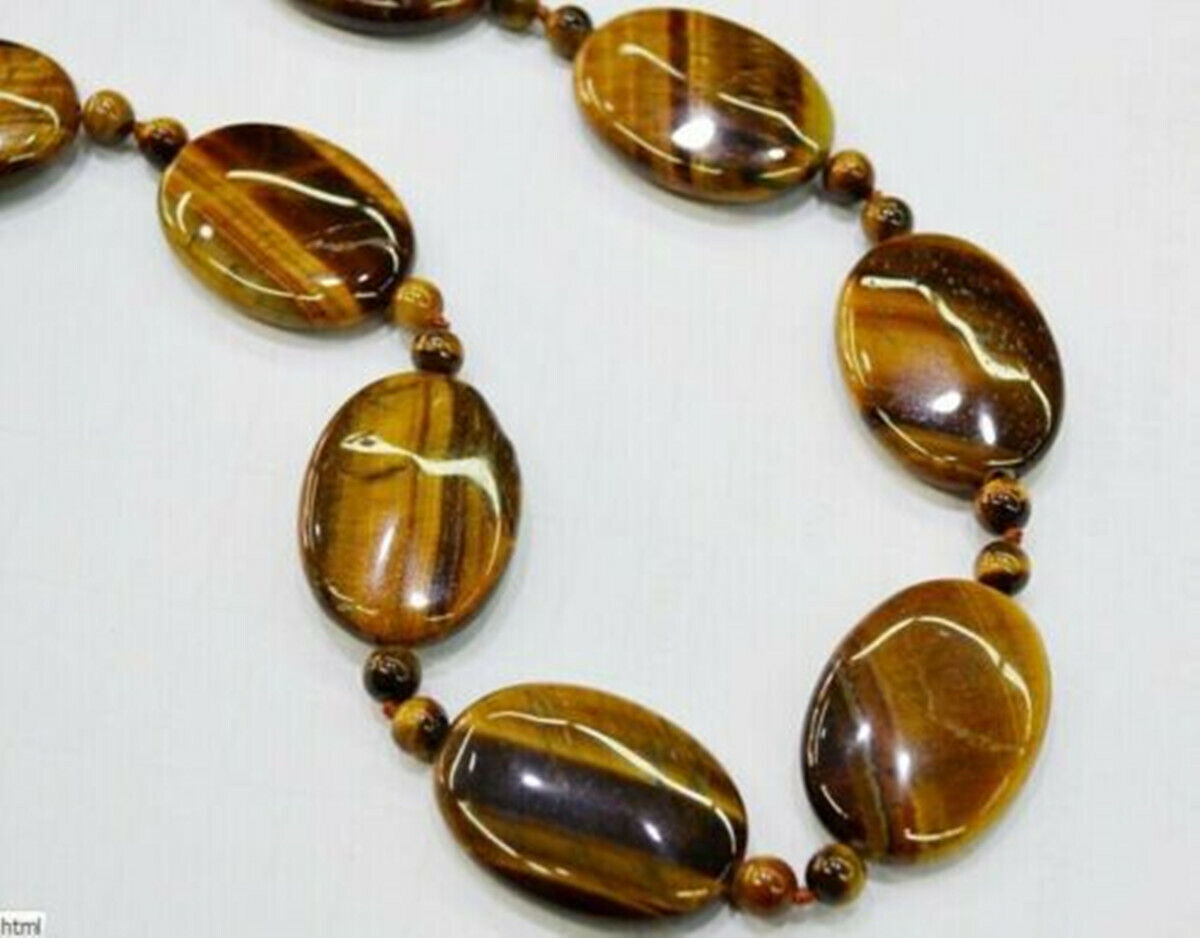 AAA+ Natural 13X18mm & 6mm Yellow Tigers Eye Gemstone Oval Beads Necklace 18''