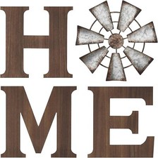 Mkono Farmhouse Wall Decor Wooden Home Sign with Metal Windmill for O Brown