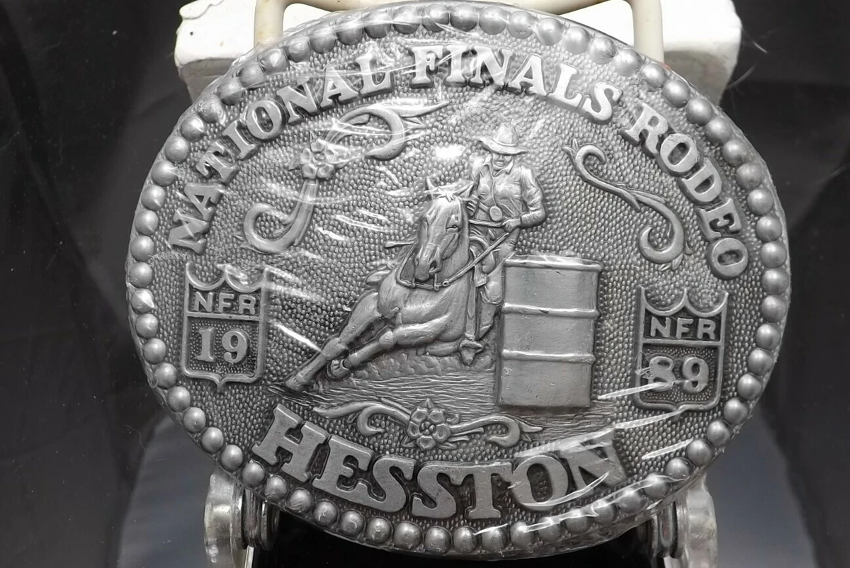 Boucle De Ceinture Hesston Rodeo 1987 - Métal Patiné - National Finals Rodeo - Vintage US