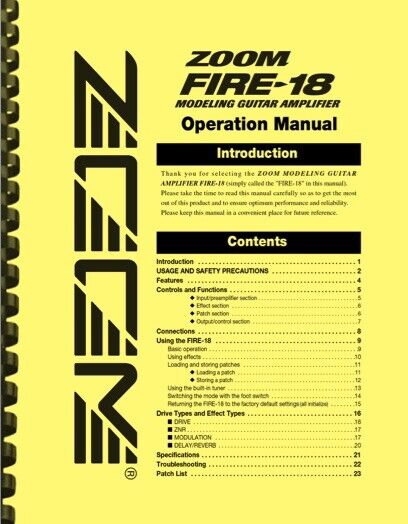 Zoom Fire 18 Modeling Guitar Amplifier OWNER'S OPERATION MANUAL