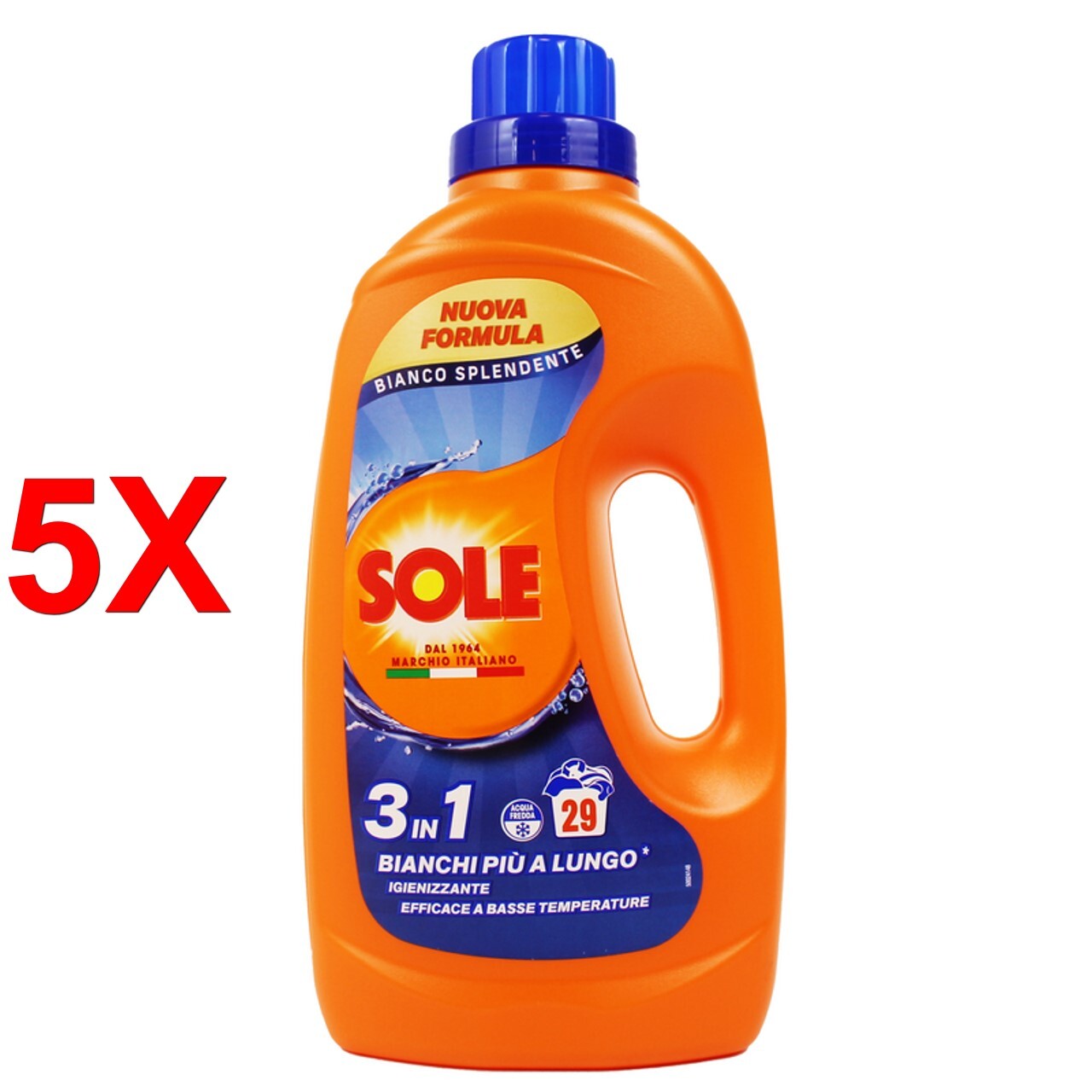 5 X Sole Detersivo Liquido Bucato Lavatrice 3 In 1 - Bianco Splendente E Igieni