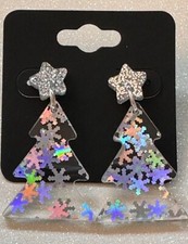 Hypoallergenic Dangle Drop Earring Silve Holographic Christmas Holiday Tree Star
