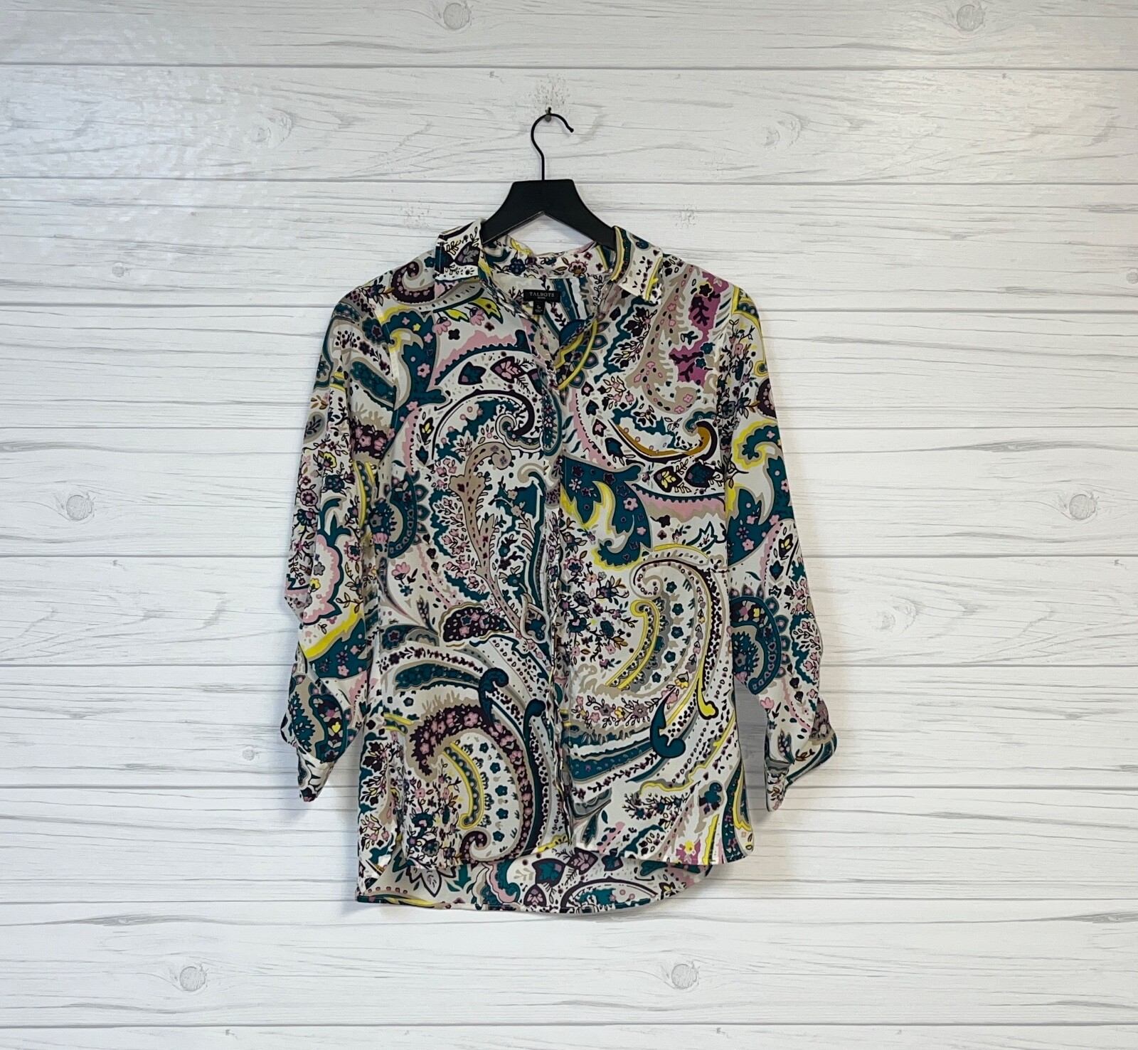 Talbots shirt womens size small petite button up long sleeve floral white