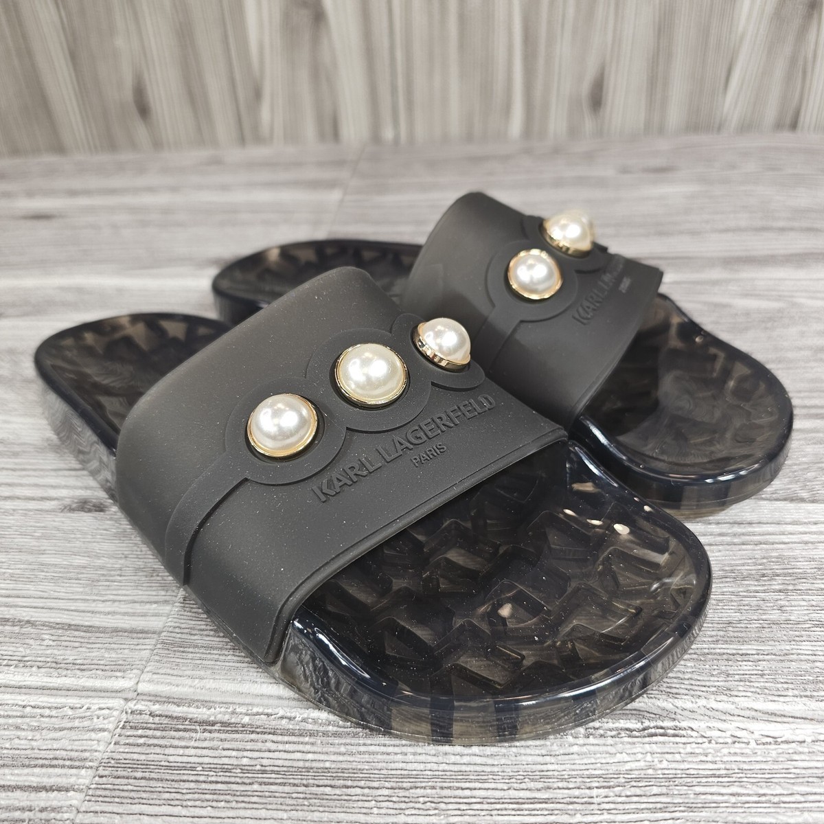 KARL LAGERFELD Tula Rubber Pool Slide Sandals Black Pearl