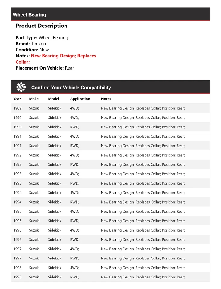 Cojinete de rueda trasero Timken 1990 1991 1992 1993 1994 para Suzuki 1989-1998 Foto 2 de 4