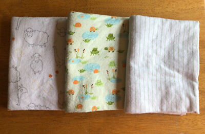 Lot of 3 Carter s Baby Swaddle Receiving Blankets Frog Turtle Sheep Duck Stripe