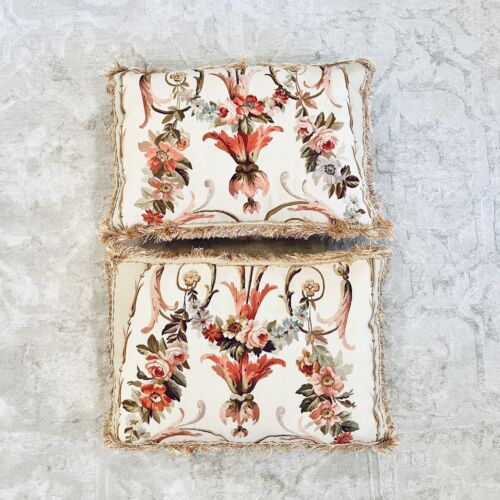 2 Aubusson Wool Tapestry Floral Needlepoint Pillow Down Fringe Silk Set Vtg 24” - Picture 3 of 11