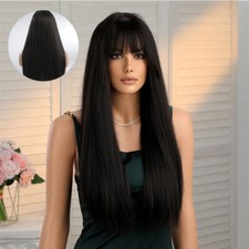 Black Long Straight Hair Chemical Fiber Natural Daily Straight Bangs