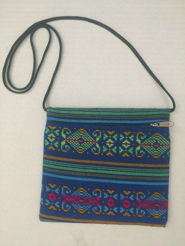 Mexican cross body bag turquoise woven southwest Aztec lines black strap - Picture 5 of 5