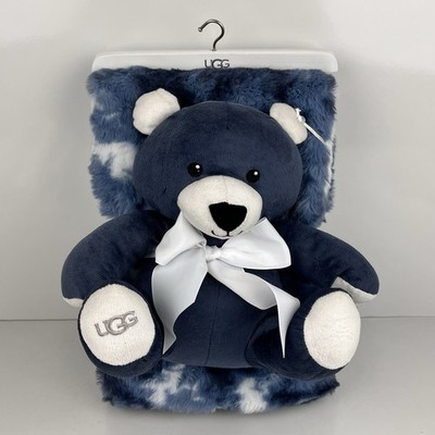 UGG 2-Piece Throw Blanket and Plush Bear Toy Set Navy Blue Plush Soft 54x30 Inch