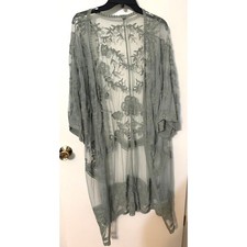POL Sage Green Embroidered Lace Kimono Duster Boho Open Front M/L