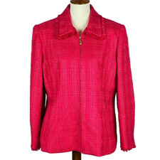 Alfred Dunner Full Zip Tweed Blazer Sz 14 Hot Pink Fringe Preppy Professional