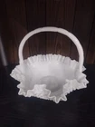 Vtg Large Fenton Milk Glass Hobnail Ruffled Edge Basket With Handle 12x12