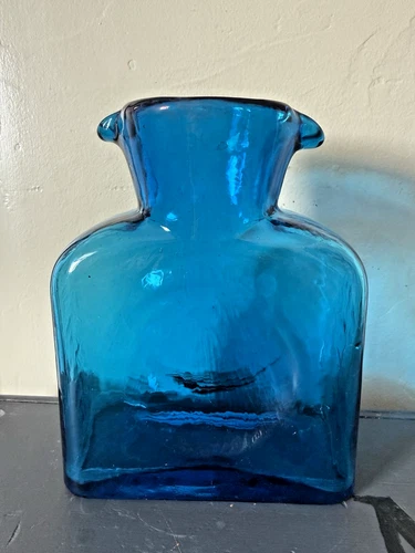 Double Spout Glass Vase Carafe Pitcher Blenko Style Blue Water Bottle Unmarked