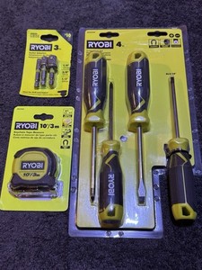 Ryobi Lot, 4 Piece Screwdriver Set, Socket Adapters, 10 Foot Tape Measure