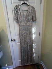 NWT Aqua Formal Silver Beige Sequin Dress Long Modest Prom w/ High Slit Size 8