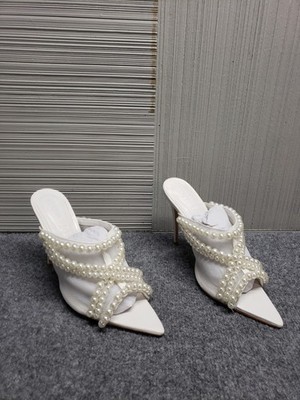 Nova Luxe Women Heel 8.5 White Pearl Crisscross Pointed Toe Stiletto Mules Party