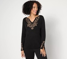 Susan Graver Split Neck Jacquard Sweater Black 3X New