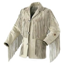 Men Western Cowboy Suede Fringe Jacket Beaded Native American Leather Jacket