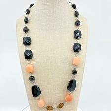 Vintage Mixed Stone Beaded Necklace Black Agate Pink Quartz Silver Tone 18"