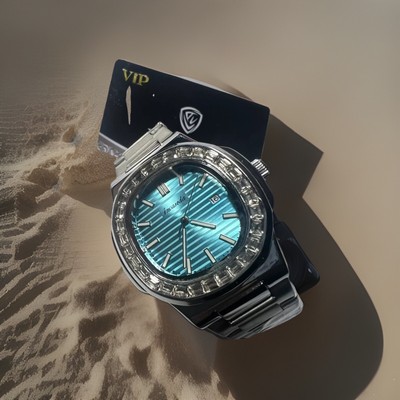 Incaseda LAULEX Sky blue crystal Bezel, date,, stainless steel, men s watch.