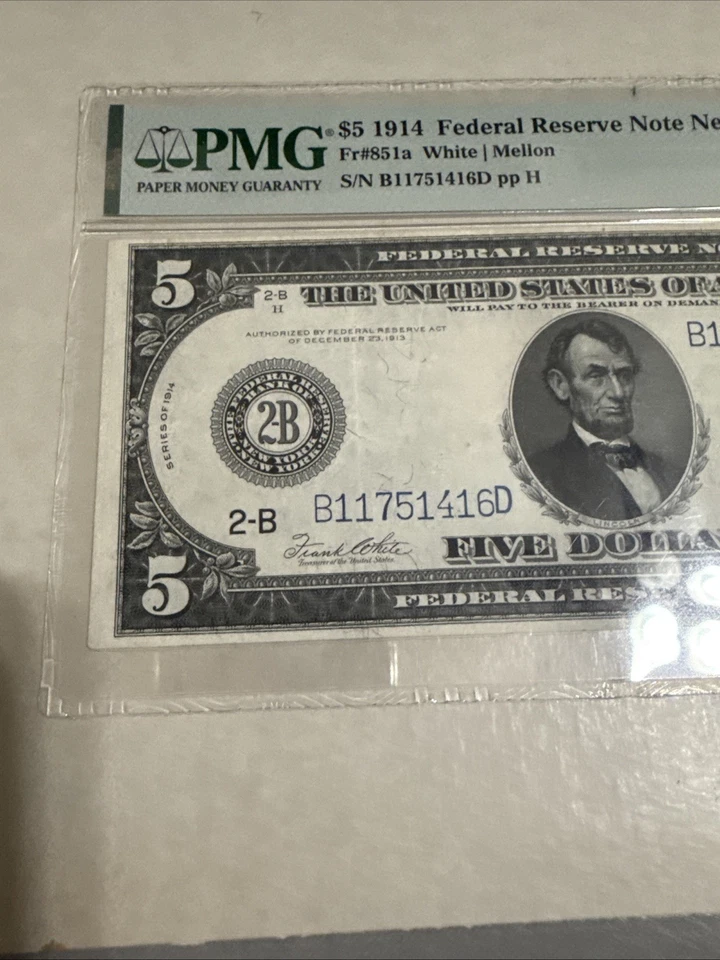 1914 $5 Federal Reserve Note New York PMG 40 Fr#851a White/Mellon SN B11751416D - Image 2 of 4