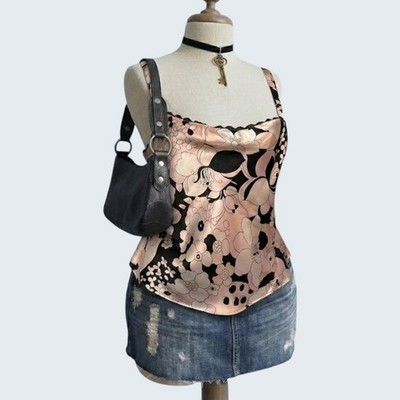 Pink Black Floral Satin Cowl Neck Cami Top Lace Trim Small Snag