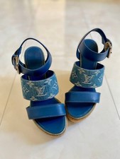 LOUIS VUITTON Denim Leather Wedge Sandals Blue Platform Heel US 7.5 Auth
