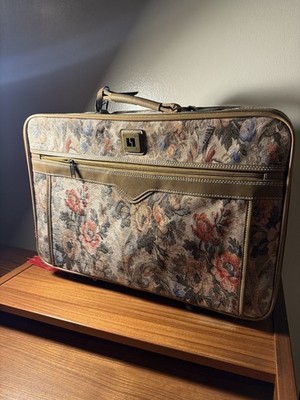 Vintage 80s Leisure Luggage Tapestry Floral Tan Leather Trim Suitcase Bag 21''