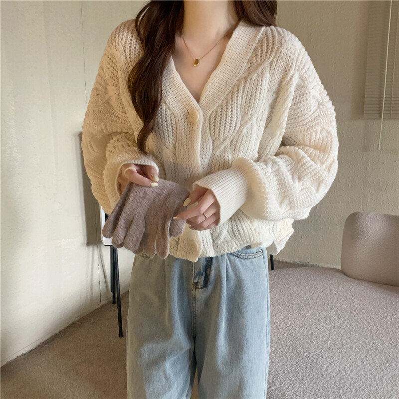 トップス ROUND NECK CARDIGAN /SLIM VNECK pullover Women's V Neck Cropped Cardigan, Short Sleeve Casual Button