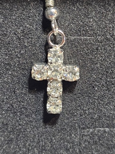 Silver Colored Rhinestone Cross Charm Dangle Earrings - Picture 3 of 5