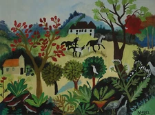 Rare fine unique American landscape painting, signed Grandma Moses, w COA