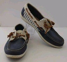 Sperry Koifish Blue Leather Boat Shoes Navy Stripe Canvas Womens 7.5M STS95791