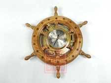 Ship's Wheel Wooden & Brass Porthole Wall Quartz Clock 13”- Ship’s Time - WORKS