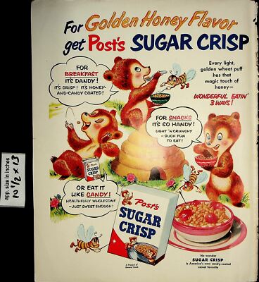1954 Post's Cereal Bear Cubs Sugar Crisps Honey Flavor Vintage Print Ad 7011