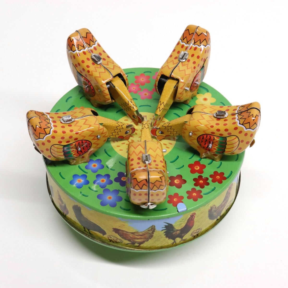 NEW Retro Corn Pecking Chickens Wind Up Tin Toy Original Box Farm